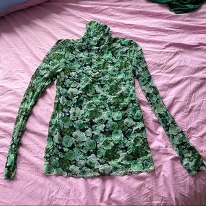 Ganni floral green mesh rollneck